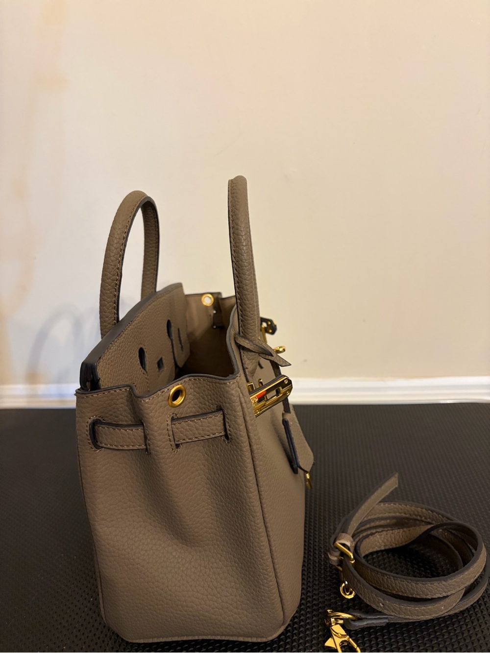 Taupe( a grey beige)  Vegan Leather Top-Handle Satchel with Gold Hardware - Picture 4 of 11